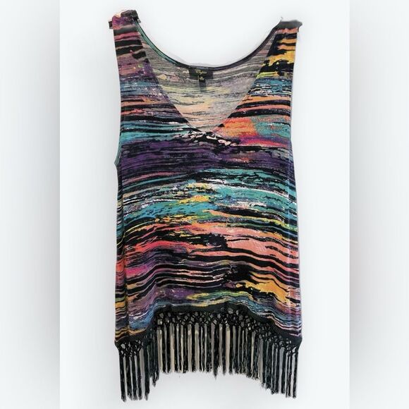 Cupio Abstract Sleeveless‎ Blouse V-Neck Fringe Detail Multi Colors Size Medium - Picture 1 of 7